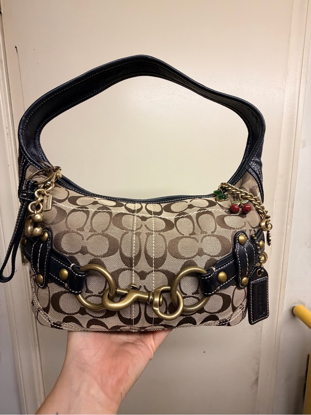 Coach Signature Canvas Shoulder Bag in Khaki and Black with Gold Hardware